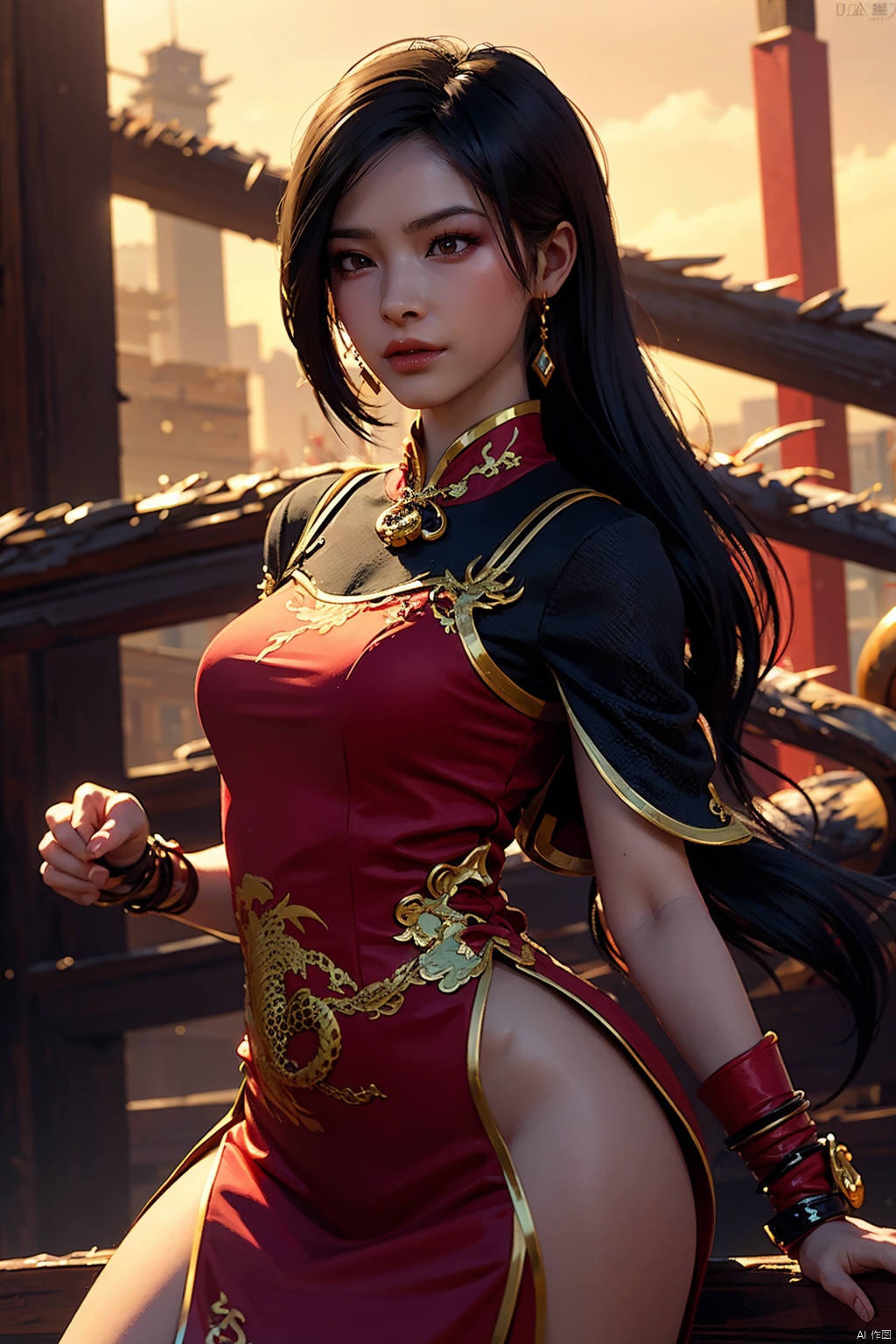 (龙年, two zero two four New Year,1girl, Dragon, Oriental Dragon, ), tifa,solo,red eyes,chinese dress,china dress,cowboy_shot,dynamic pose,looking_at_viewer, ada wong