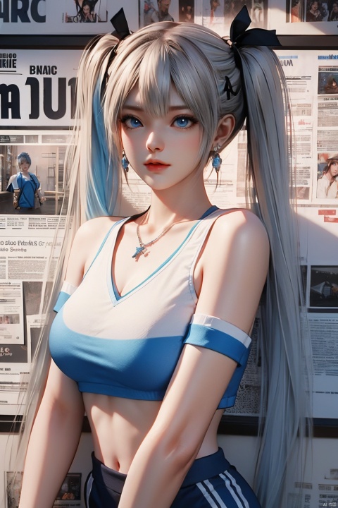  1girl,solo,Standing,(white|blue|Gradient_hair),jewelry,Earrings, Necklace,{JK}, Newspaper wall,huge breasts,clothes writing,extremely detailed, 8k wallpaper, highly detailed, best quality,sportswear,huliya,twin_tails,blue eyes,