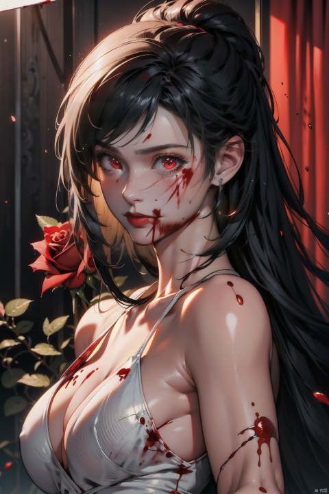 (masterpiece:1.2),best quality,masterpiece,highres,original,extremely detailed wallpaper,perfect lighting,(extremely detailed CG:1.2),drawing,paintbrush,1girl,floating|black hair,(white_dress:1.2),(blood:1.5),bandage,glowing|red eyes,masterpiece,best quality,(rose:1.3),