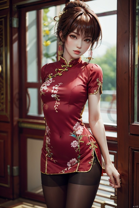  chinese clothes,red dress, cowboy_shot, dynamic
pose, looking_at_viewer, pantyhose, arms
behind back,ada wont,