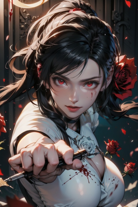 (masterpiece:1.2),best quality,masterpiece,highres,original,extremely detailed wallpaper,perfect lighting,(extremely detailed CG:1.2),drawing,paintbrush,1girl,floating|black hair,(white_dress:1.2),(blood:1.2),bandage,glowing|red eyes,masterpiece,best quality,(rose:1.3),dynamic pose,dynamic angle,