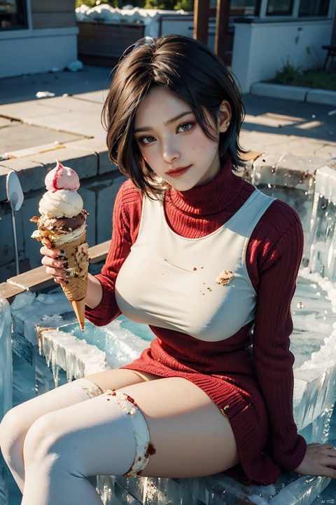 (girl_in _ice cream:1.3),1girl,petite,lots_of_ice_cream,thighhighs,red sweater dress,
(full _body:1.25),((sitting on ice cream cup: 1.3)),(big ice cream cup: 1.5),short hair,huge breasts,((ice_cream:1.3)),((ice_cream on face)),ice cream cone,ice_cream on legs,ice_cream on breasts,little smile, arms out,