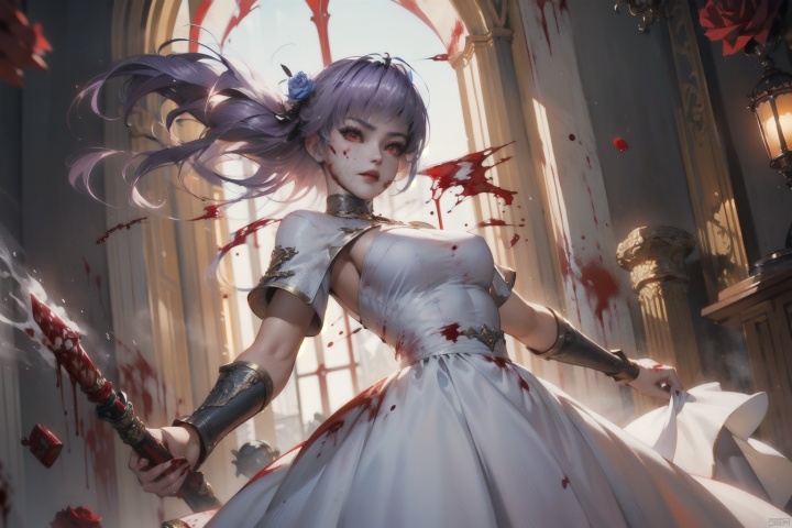 (masterpiece:1.2),best quality,masterpiece,highres,original,extremely detailed wallpaper,perfect lighting,(extremely detailed CG:1.2),drawing,1girl,floating|purple hair,(white_dress:1.2),(blood:1.5),bandage,glowing|red eyes,masterpiece,best quality,(rose:1.3),dynamic pose,dynamic angle,white pantyhose, BY MOONCRYPTOWOW, ayane