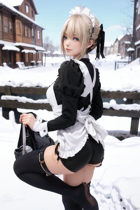  masterpiece, highres,((1girl)),sitting,(bent over),(bow), solo,huge breasts,sfw, thighhighs, snow, outdoors,arms up,snowflakes,3D graphics, looking_away, bolnd hair,blue eyes,tutututu,apron,long sleeves,maid,maid apron,puffy sleeves,maid headdress,black shorts,black thighhighs, thigh strap,garterstraps,from side,ground level shot,