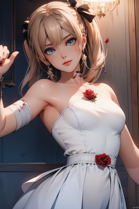  (masterpiece:1.2),best quality,masterpiece,highres,original,extremely detailed wallpaper,perfect lighting,(extremely detailed CG:1.2),drawing,1girl,floating|bolnd hair,(white_dress:1.2),(blood:1.3),bandage,glowing|blue eyes,masterpiece,best quality,(rose:1.3),dynamic pose,dynamic angle, marie rose