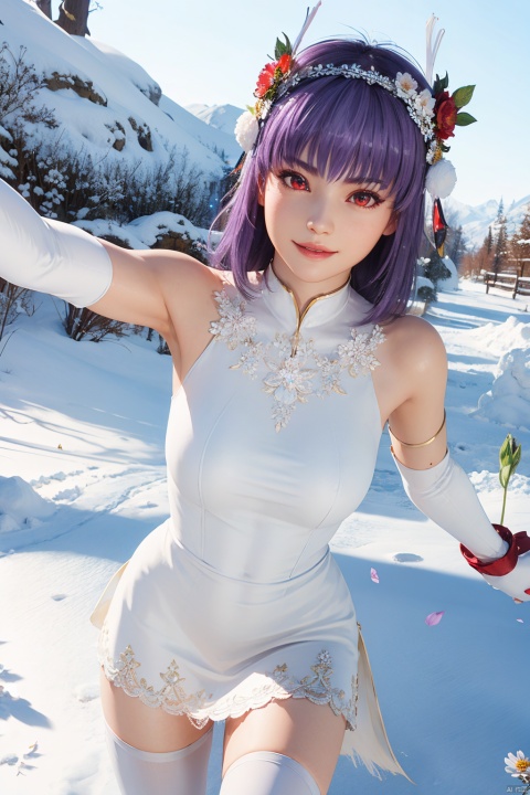 masterpiece,highres,1girl,solo,red eyes,sfw,smile,thighhighs,((beautiful Dress+stocking):1.25),((flower headdress:1.45)),((white theme:1.5)),snow,outdoors,snowflakes,sleeveless,3D graphics,looking_at_viewer,dynamic pose,dynamic angle, nyotengu, ayane