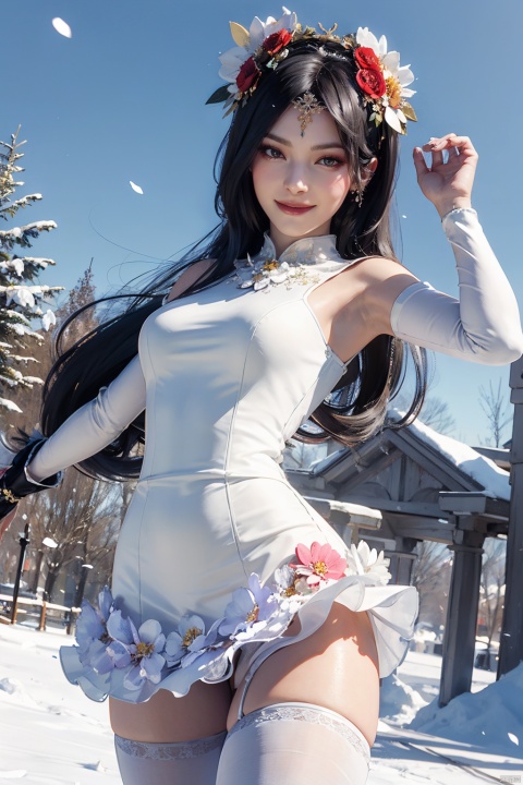 masterpiece,highres,1girl,solo,red eyes,sfw,smile,thighhighs,((beautiful Dress+stocking):1.25),((flower headdress:1.45)),((white theme:1.5)),snow,outdoors,snowflakes,sleeveless,3D graphics,looking_at_viewer,dynamic pose,dynamic angle,