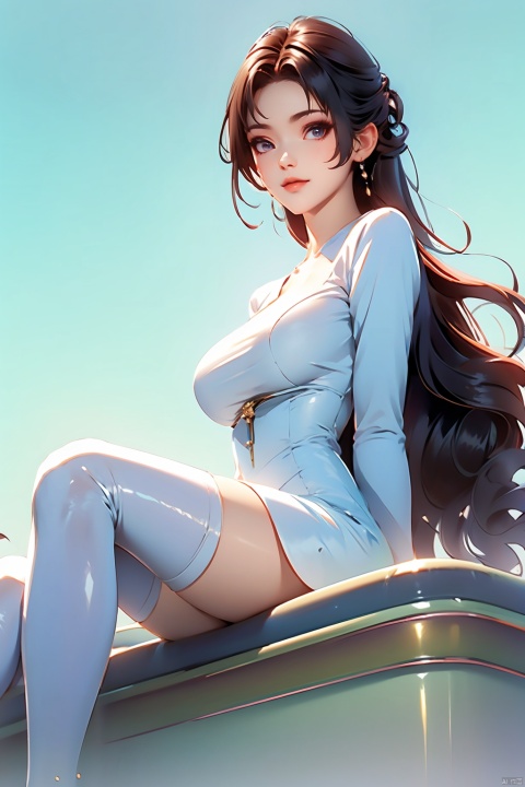  best quality,HDR,UHD,8K,anime,huge breasts,(floating hair:1.4)Vivid Colors,solo,dress,shinyclothes,medium-shot,(1girl:1.5),(sitting:1.3),front view,soft light,(looking at viewer:1.6),Elegant,detailed gorgeous face,(bathtub background:1.1),white thighhighs,rainbow,sky,