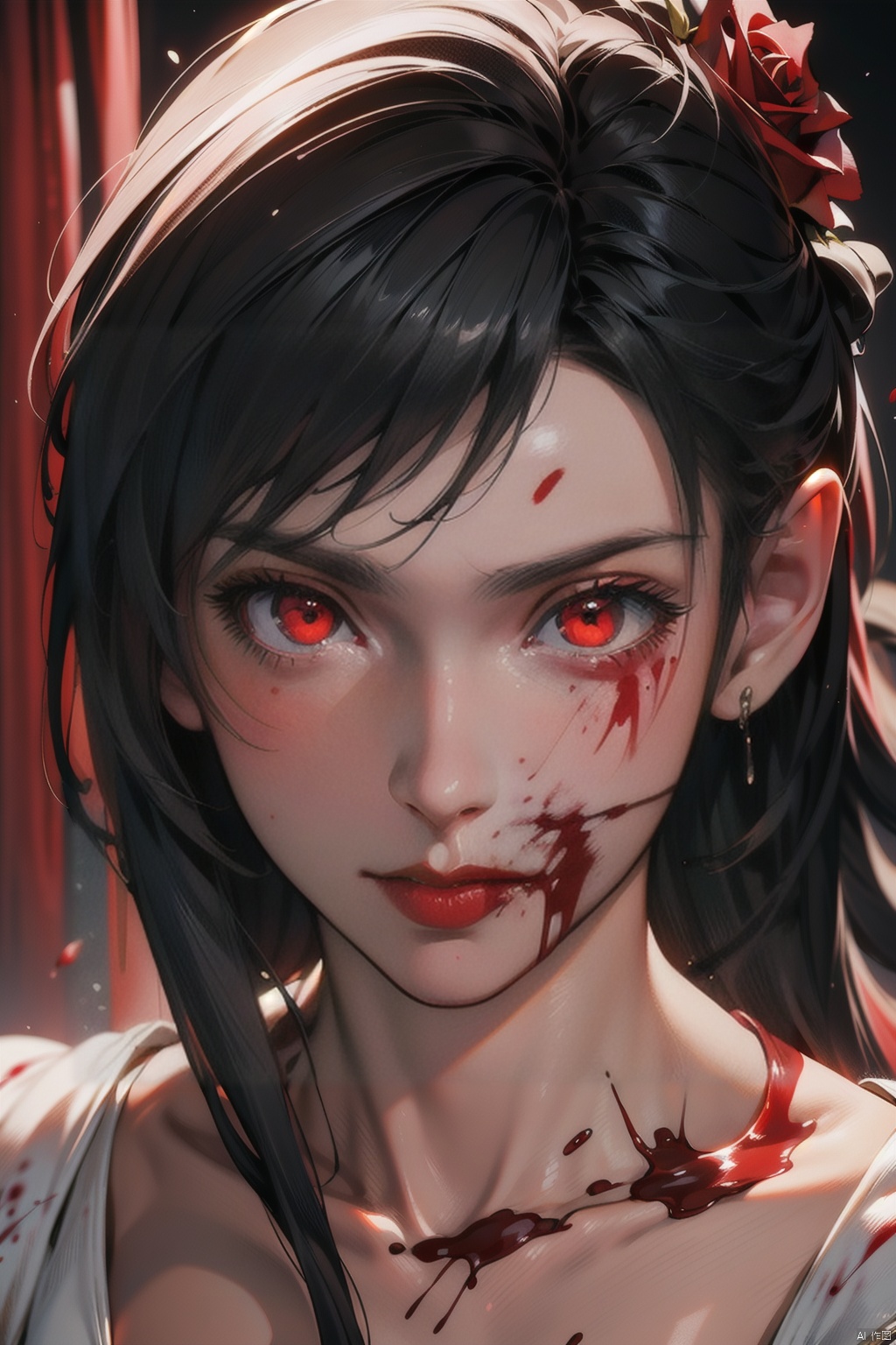 (masterpiece:1.2),best quality,masterpiece,highres,original,extremely detailed wallpaper,perfect lighting,(extremely detailed CG:1.2),drawing,paintbrush,1girl,floating|black hair,(white_dress:1.2),(blood:1.5),bandage,glowing|red eyes,masterpiece,best quality,(rose:1.3),
