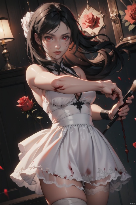 (masterpiece:1.2),best quality,masterpiece,highres,original,extremely detailed wallpaper,perfect lighting,(extremely detailed CG:1.2),drawing,paintbrush,1girl,floating|black hair,(white_dress:1.2),(blood:1.3),bandage,glowing|red eyes,masterpiece,best quality,(rose:1.3),dynamic pose,dynamic angle,