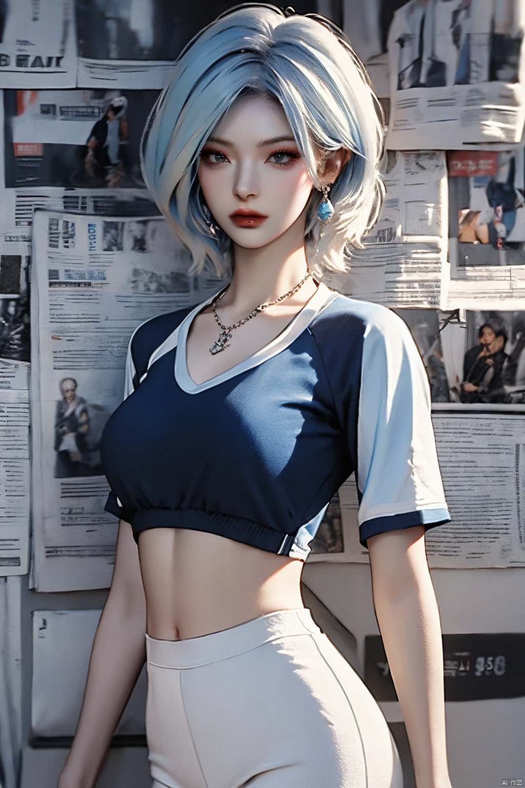  1girl,solo,Standing,(white|blue|Gradient_hair),jewelry,Earrings, Necklace,{JK}, Newspaper wall,huge breasts,clothes writing,extremely detailed, 8k wallpaper, highly detailed, best quality,sportswear,huliya,short hair,