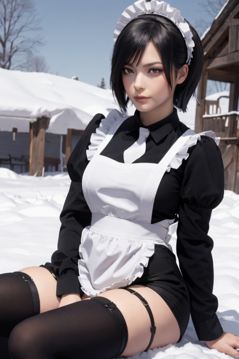 masterpiece, highres,((1girl)), solo, sfw, thighhighs, snow, outdoors, snowflakes, 3D graphics, looking_at_viewer, sitting, dynamic angle, black hair,tutututu,apron,long sleeves,maid,maid apron,puffy sleeves,maid headdress,black shorts,black thighhighs, thigh strap,garterstraps,