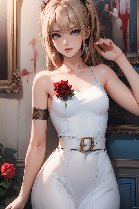  (masterpiece:1.2),best quality,masterpiece,highres,original,extremely detailed wallpaper,perfect lighting,(extremely detailed CG:1.2),drawing,1girl,floating|bolnd hair,(white_dress:1.2),(blood:1.3),bandage,glowing|blue eyes,masterpiece,best quality,(rose:1.3),dynamic pose,dynamic angle, marie rose