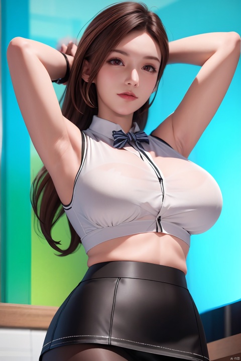  yebin, 1girl, solo, skirt, brown hair, underwear, red eyes, shirt, sleeveless,from below, bra visible through clothes,huge breasts, white shirt,bow,bent over,black pantyhose, looking at viewer, id card, sleeveless shirt, see-through, lips, high-waist skirt, office lady, indoors, striped, armpits, pencil skirt, blurry background, arms up, blurry,depth of field,