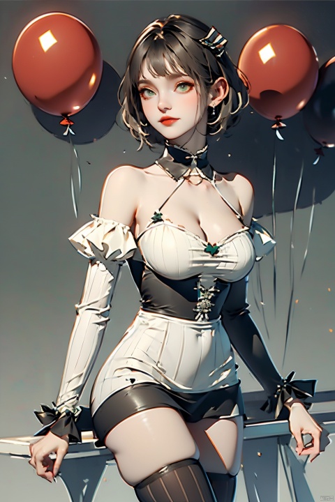 masterpiece, best quality, masterpiece,best
quality, 1girl, balloon, bangs, bare _shoulders,
Green_eyes, bow, breasts, cleavage,
detached _sleeves, dress, cow boy shot, short_hair, bolnd hair, long_sleeves, looking_at_viewer, medium_breasts,
solo, striped, striped_bow, striped_legwear,
thighhighs, vertical-striped_legwear,
vertical stripes,