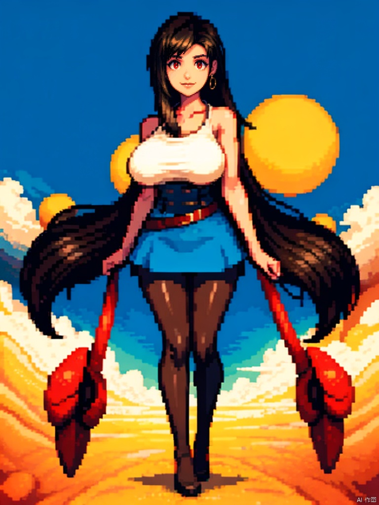  1girl,from above, dynamic
pose, looking_at_viewer, arms
behind back,pantyhose,huge_breasts,sky,long_legs, pixel,red eyes,tifa, fantasy