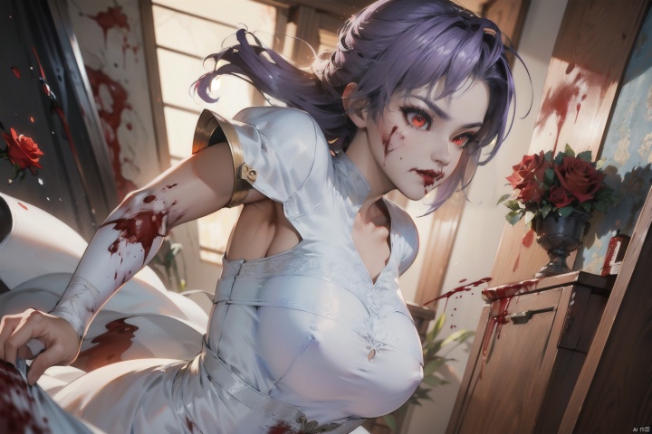 (masterpiece:1.2),best quality,masterpiece,highres,original,extremely detailed wallpaper,perfect lighting,(extremely detailed CG:1.2),drawing,1girl,floating|purple hair,(white_dress:1.2),(blood:1.5),bandage,glowing|red eyes,masterpiece,best quality,(rose:1.3),dynamic pose,dynamic angle,white pantyhose, BY MOONCRYPTOWOW, ayane