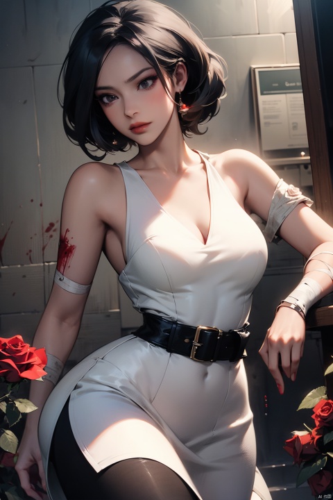  (masterpiece:1.2),best quality,masterpiece,highres,original,extremely detailed wallpaper,perfect lighting,(extremely detailed CG:1.2),drawing,1girl,floating|black hair,(white_dress:1.2),(blood:1.3),bandage,glowing|black eyes,masterpiece,best quality,(rose:1.3),dynamic pose,cow boy shot, marie rose,pantyhose,