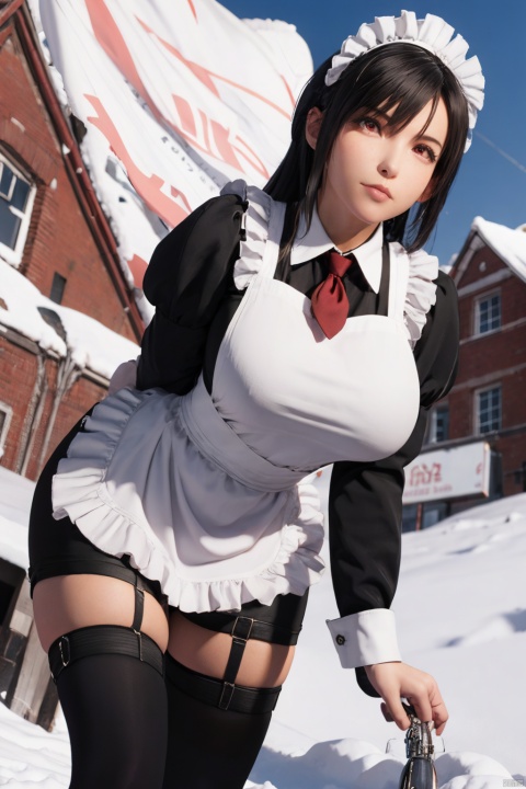  masterpiece, highres,((1girl)), solo, bent over,huge breasts,sfw, thighhighs,arms behind back, snow, outdoors, from below,snowflakes, 3D graphics, looking_at_viewer, black hair,red eyes,dutch angle,tutututu,apron,long sleeves,maid,maid apron,puffy sleeves,maid headdress,black shorts,black thighhighs, thigh strap,garterstraps,