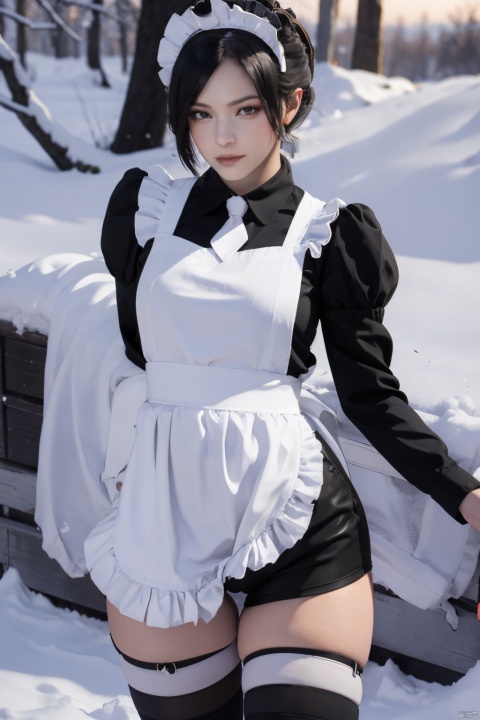 masterpiece, highres,((1girl)), solo, sfw, thighhighs, snow, outdoors, snowflakes, 3D graphics, looking_at_viewer, dynamic pose, dynamic angle, black hair,tutututu,apron,long sleeves,maid,maid apron,puffy sleeves,maid headdress,black shorts,black thighhighs, thigh strap,garterstraps,