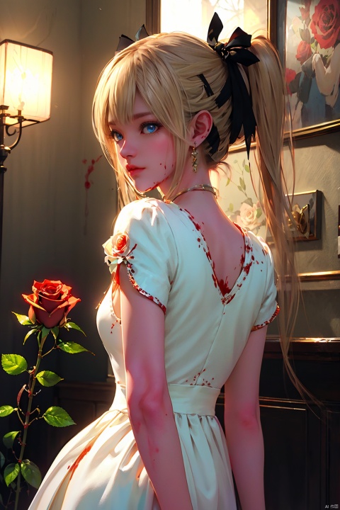  (masterpiece:1.2),best quality,masterpiece,highres,original,extremely detailed wallpaper,perfect lighting,(extremely detailed CG:1.2),bent over,bow,1girl,front view,floating|bolnd hair,(white_dress:1.2),(blood:1.3),bandage,glowing|blue eyes,masterpiece,best quality,(rose:1.3),low angle shot,pantyhose,