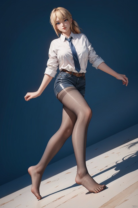  1girl,blond_hair, blue eyes, white shirt, black necktie, full body, feet, toes,standing, black pantyhose, soles, dutch angle, looking at viewer, sharp eyes, long hair, huge breasts, shiny skin, solo,simple background,marie rose,