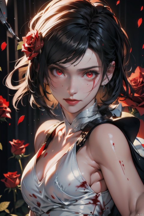 (masterpiece:1.2),best quality,masterpiece,highres,original,extremely detailed wallpaper,perfect lighting,(extremely detailed CG:1.2),drawing,paintbrush,1girl,floating|black hair,(white_dress:1.2),(blood:1.2),bandage,glowing|red eyes,masterpiece,best quality,(rose:1.3),dynamic pose,dynamic angle,
