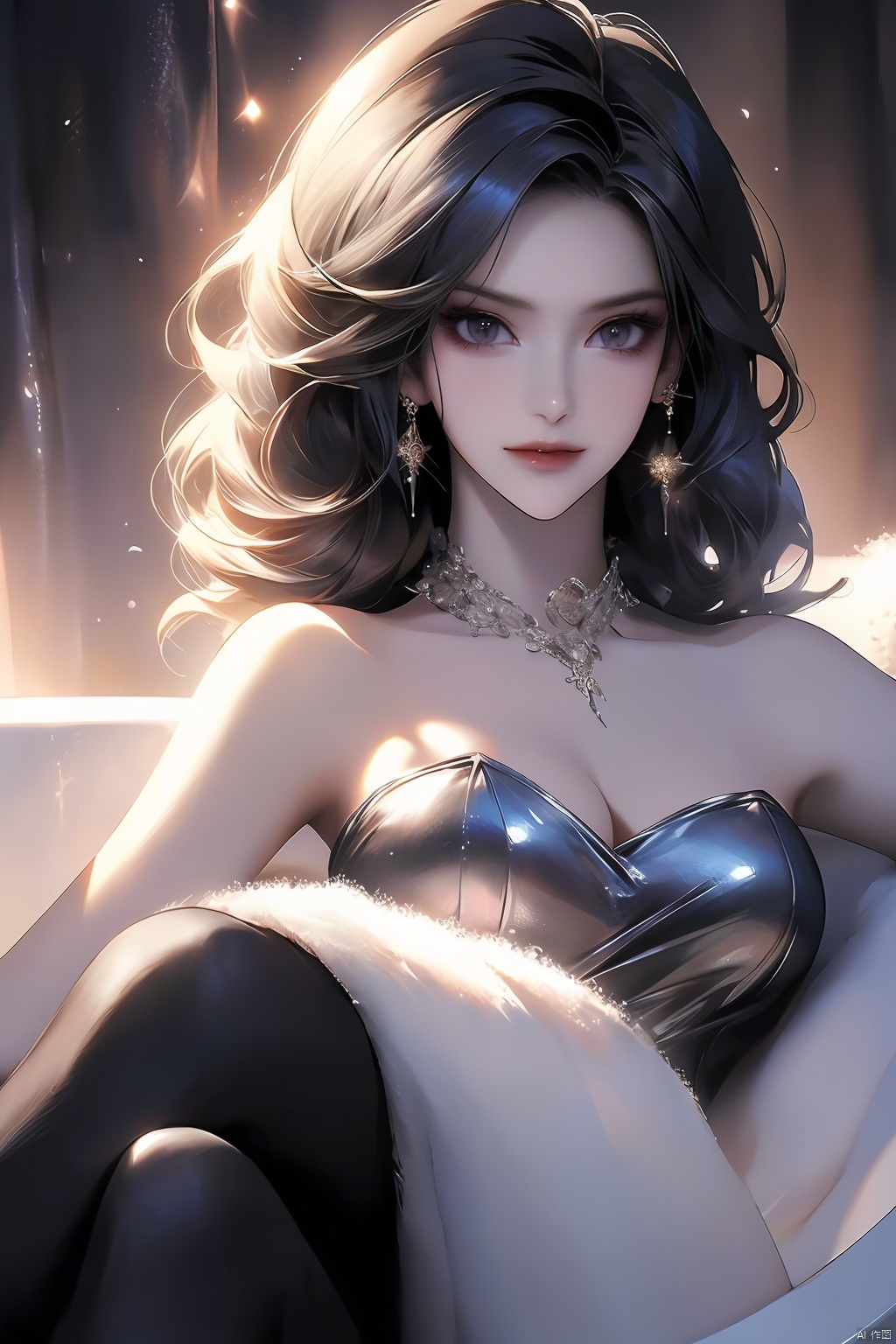  best quality,HDR,UHD,8K,anime,huge breasts,(floating hair:1.4)Vivid Colors,solo,dress,shinyclothes,medium-shot,(1girl:1.5),(sitting:1.3),front view,soft light,(looking at viewer:1.6),Elegant,detailed gorgeous face,(bathtub background:1.1),white thighhighs,rainbow,sky,black eyes,