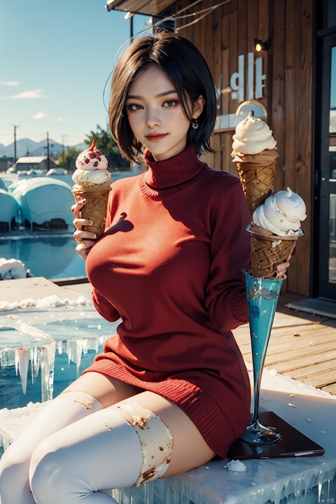 (girl_in _ice cream:1.3),1girl,petite,lots_of_ice_cream,thighhighs,red sweater dress,
(full _body:1.25),((sitting on ice cream cup: 1.3)),(big ice cream cup: 1.5),short hair,huge breasts,((ice_cream:1.3)),((ice_cream on face)),ice cream cone,ice_cream on legs,ice_cream on breasts,little smile, arms out,