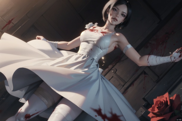 (masterpiece:1.2),best quality,masterpiece,highres,original,extremely detailed wallpaper,perfect lighting,(extremely detailed CG:1.2),drawing,1girl,floating|black hair,(white_dress:1.2),(blood:1.5),bandage,glowing|black eyes,masterpiece,best quality,(rose:1.3),dynamic pose,dynamic angle,white pantyhose,ada wong