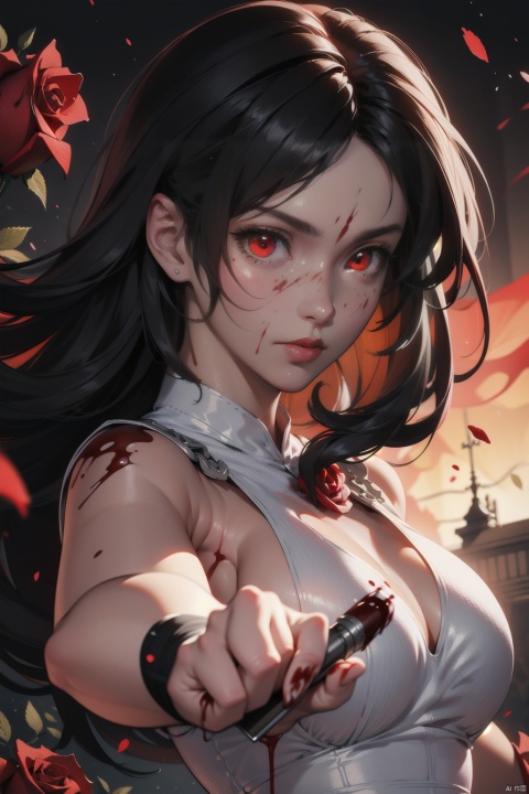 (masterpiece:1.2),best quality,masterpiece,highres,original,extremely detailed wallpaper,perfect lighting,(extremely detailed CG:1.2),drawing,paintbrush,1girl,floating|black hair,(white_dress:1.2),(blood:1.3),bandage,glowing|red eyes,masterpiece,best quality,(rose:1.3),dynamic pose,dynamic angle,