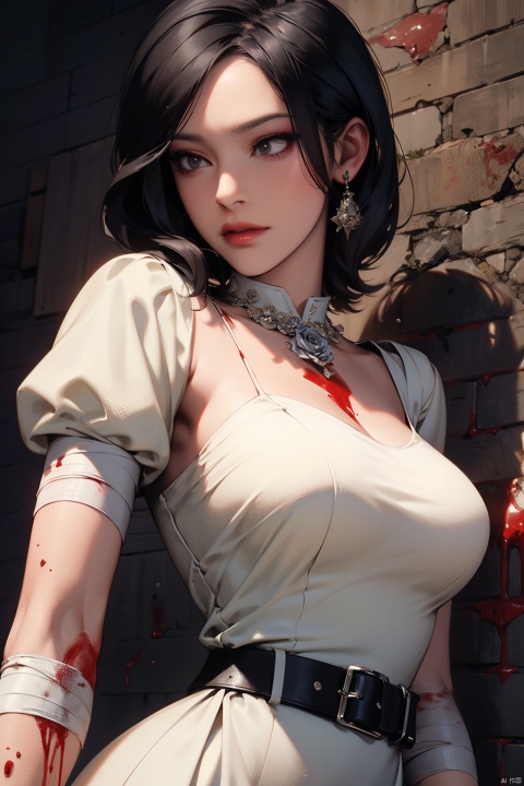  (masterpiece:1.2),best quality,masterpiece,highres,original,extremely detailed wallpaper,perfect lighting,(extremely detailed CG:1.2),drawing,1girl,floating|black hair,(white_dress:1.2),(blood:1.3),bandage,glowing|black eyes,masterpiece,best quality,(rose:1.3),dynamic pose,cow boy shot, marie rose,pantyhose,