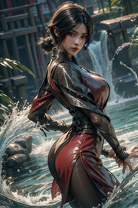 1girl,((water)),chinese clothes,red dress,cowboy_shot,dynamic pose,looking_at_viewer,pantyhose,arms behind back,3D graphics,simple_background,depth_of_field, , ada wong, yushui,a lot of water,