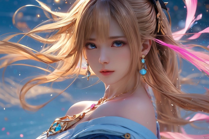  1girl,Bangs, off shoulder, colorful_hair, ((colorful hair)),golden dress,blue eyes, chest, necklace, pink dress, earrings, floating hair, jewelry, sleeveless, very long hair,Looking at the observer, parted lips, pierced,energy,electricity,magic,sssr,blonde hair,jujingyi, wangyushan, dofas, tifa,
