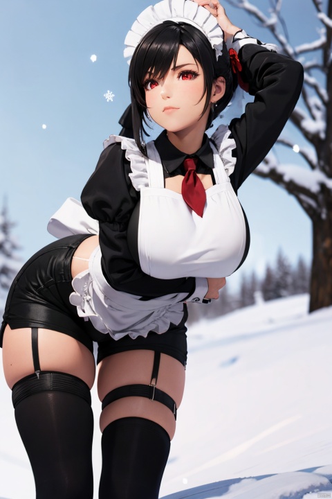  masterpiece, highres,((1girl)), solo, bent over,bow,huge breasts,sfw, thighhighs,arms behind back, snow, outdoors, from below,snowflakes, 3D graphics, looking_at_viewer, black hair,red eyes,tutututu,apron,long sleeves,maid,maid apron,puffy sleeves,maid headdress,black shorts,black thighhighs, thigh strap,garterstraps,