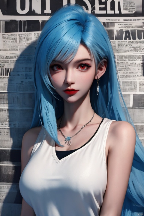  1girl,solo,Standing,(white|blue|Gradient_hair),jewelry,Earrings, Necklace,{JK}, Newspaper wall,medium breasts,clothes writing,, extremely detailed, 8k wallpaper, highly detailed, best quality,sportswear,huliya,red eyes,huge breasts,