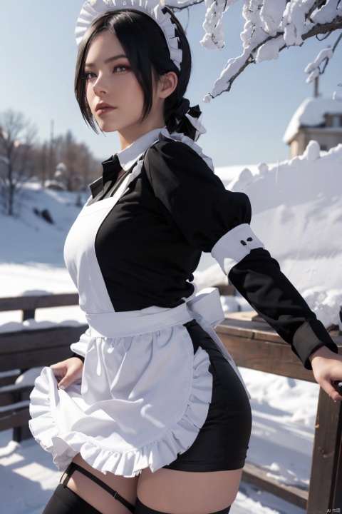 masterpiece, highres,((1girl)), solo, sfw, thighhighs, snow, outdoors, snowflakes, 3D graphics, looking_at_viewer, dynamic pose, dynamic angle, black hair,tutututu,apron,long sleeves,maid,maid apron,puffy sleeves,maid headdress,black shorts,black thighhighs, thigh strap,garterstraps,