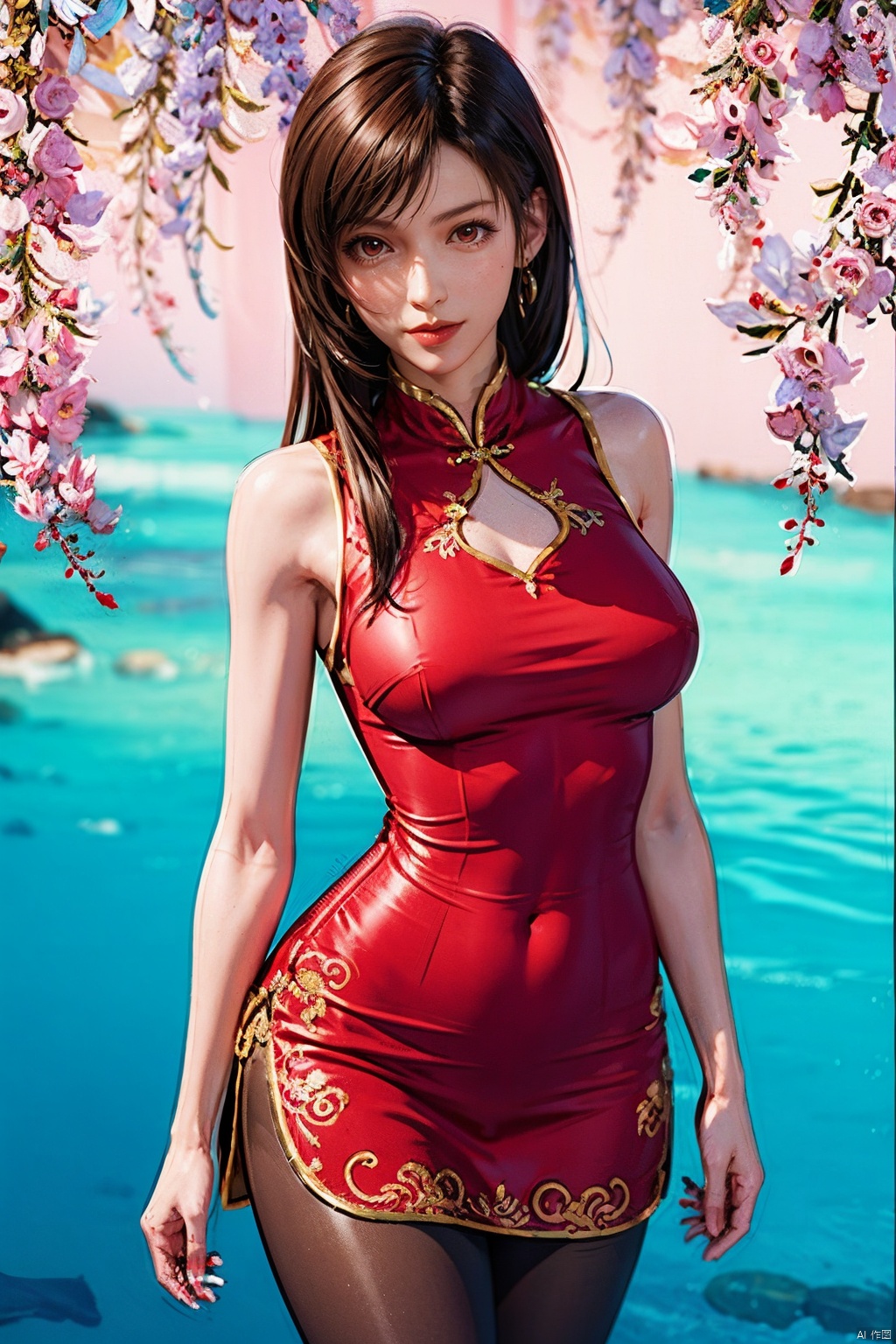 chinese clothes,red dress, cowboy_shot, dynamic
pose, looking_at_viewer, pantyhose, arms
behind back, tifa,