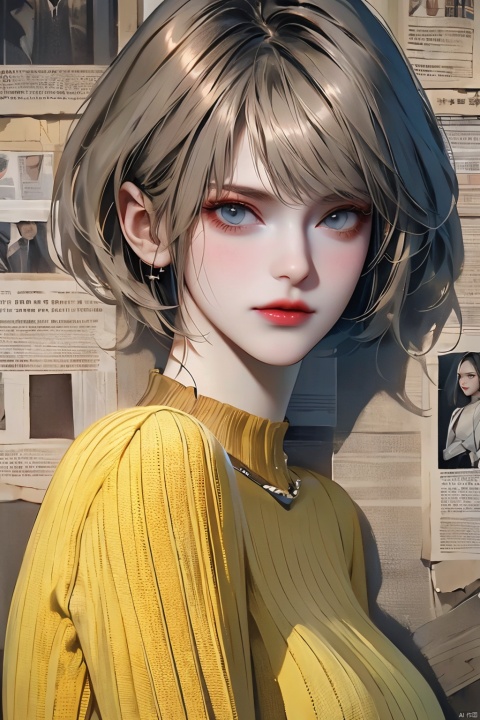  (RAW photo, high resolution, best quality,
masterpiece:1.3), (realistic detailed, hyperrealistic,photorealistic: 1.2), shot by Canon EOS R6, full body, white thighhighs,(((1girl))), (((solo))), newspaper, very delicate and beautiful, beautiful detailed girl, very detailed eyes and face, triangular face, beautiful detailed eyes, (slender figure, thin waist), ((yellow sweater dress)),natural,makeup, pink shiny lips, swept side stylish short hair, bolnd hair, perfect style, (low light), cg,ultra-realistic, highest quality, super detailed,newspaper background,