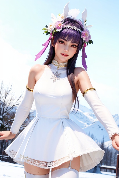 masterpiece,highres,1girl,solo,red eyes,sfw,smile,thighhighs,((beautiful Dress+stocking):1.25),((flower headdress:1.45)),((white theme:1.5)),snow,outdoors,snowflakes,sleeveless,3D graphics,looking_at_viewer,dynamic pose,dynamic angle, nyotengu, ayane