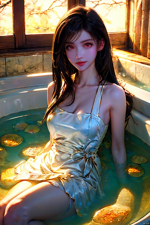  best quality,HDR,UHD,8K,Vivid Colors,solo,medium-shot,(1girl:1.5),(sitting:1.3),from front,soft light,(looking at viewer:1.6),Elegant,detailed gorgeous face,(bathtub background:1.1),upper body,rainbow,sky,nake apron,red eyes, fantasy