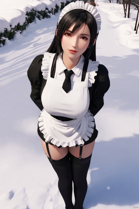  masterpiece, highres,((1girl)), solo, bent over,huge breasts,sfw, thighhighs,arms behind back, snow, outdoors, from above,snowflakes, 3D graphics, looking_at_viewer, black hair,red eyes,dutch angle,tutututu,apron,long sleeves,maid,maid apron,puffy sleeves,maid headdress,black shorts,black thighhighs, thigh strap,garterstraps,
