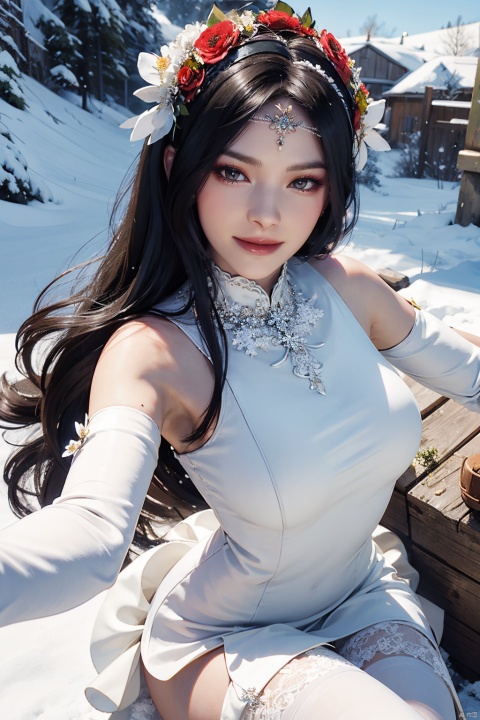 masterpiece,highres,1girl,solo,red eyes,sfw,smile,thighhighs,((beautiful Dress+stocking):1.25),((flower headdress:1.45)),((white theme:1.5)),snow,outdoors,snowflakes,sleeveless,3D graphics,looking_at_viewer,dynamic pose,dynamic angle,