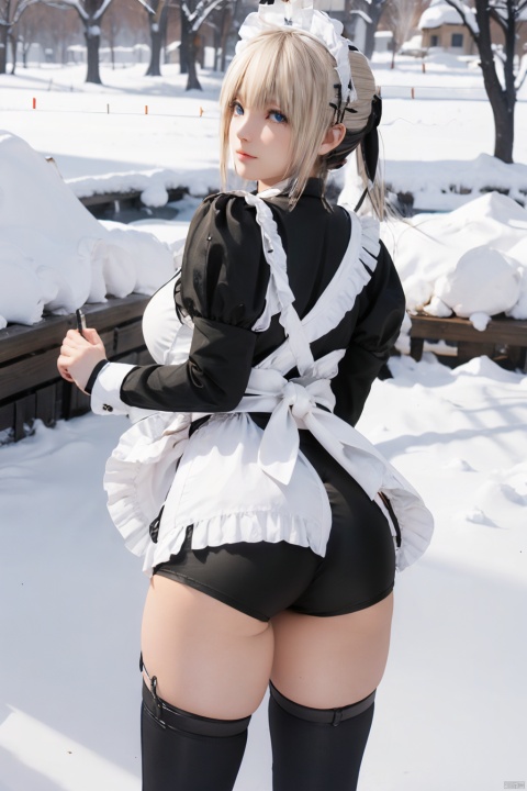  masterpiece, highres,((1girl)),cow boy shot,bent over,bow, solo,huge breasts,sfw, thighhighs, snow, outdoors,snowflakes,3D graphics, looking_at_viewer, bolnd hair,blue eyes,tutututu,apron,long sleeves,maid,maid apron,puffy sleeves,maid headdress,black shorts,black thighhighs, thigh strap,garterstraps,dutch angle,