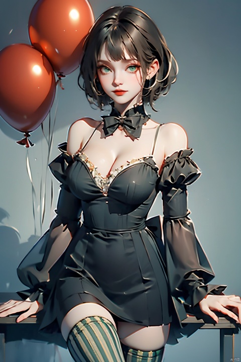 masterpiece, best quality, masterpiece,best
quality, 1girl, balloon, bangs, bare _shoulders,
Green_eyes, bow, breasts, cleavage,
detached _sleeves, dress, cow boy shot, short_hair, bolnd hair, long_sleeves, looking_at_viewer, medium_breasts,
solo, striped, striped_bow, striped_legwear,
thighhighs, vertical-striped_legwear,
vertical stripes,