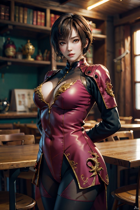 1girl,cowboy_shot, dynamic
pose, looking_at_viewer, arms
behind back,pantyhose,dragon,hug breasts,ada wong,