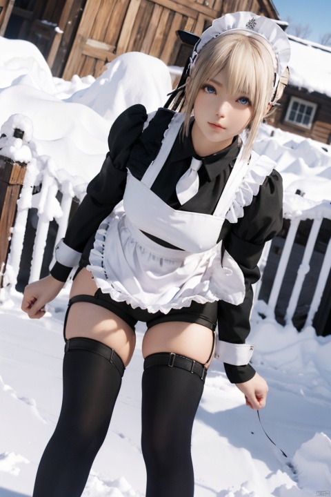  masterpiece, highres,((1girl)),cow boy shot,bent over,bow, solo,huge breasts,sfw, thighhighs, snow, outdoors,snowflakes,3D graphics, looking_at_viewer, bolnd hair,blue eyes,tutututu,apron,long sleeves,maid,maid apron,puffy sleeves,maid headdress,black shorts,black thighhighs, thigh strap,garterstraps,dutch angle,