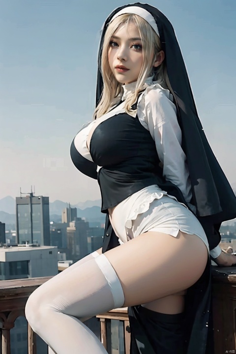 1girl,dynamic angle, dynamic
pose, looking_at_viewer, arms
behind back,leg_wear,white thighhighs,huge_breasts,sky,long_legs,nun skirt,nun,shorts,