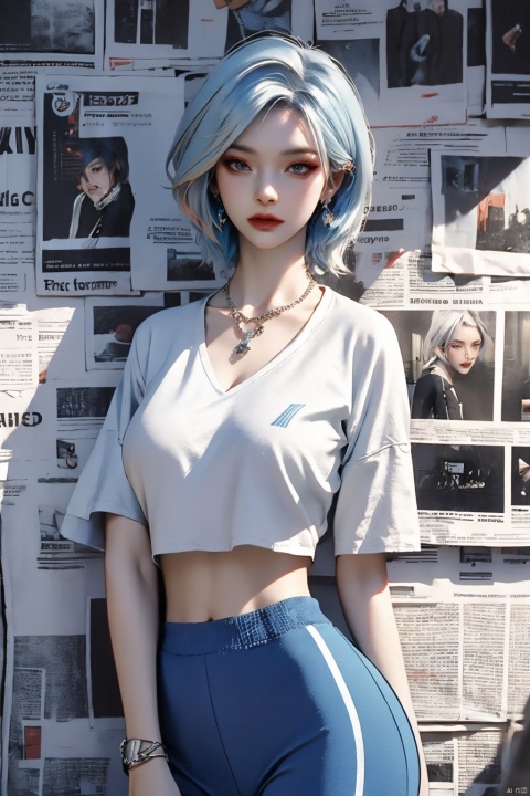  1girl,solo,Standing,(white|blue|Gradient_hair),jewelry,Earrings, Necklace,{JK}, Newspaper wall,huge breasts,clothes writing,extremely detailed, 8k wallpaper, highly detailed, best quality,sportswear,huliya,short hair,