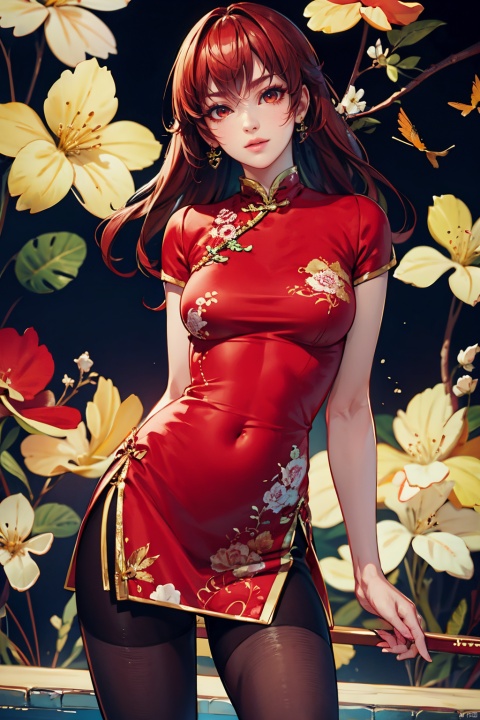  chinese clothes,red dress, cowboy_shot, dynamic
pose, looking_at_viewer, pantyhose, arms
behind back,ada wont,